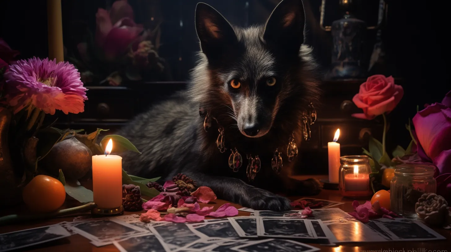 A fuzzy black jackal sits near candles and tarot cards. It's dark and the jackals eyes are mysterious.