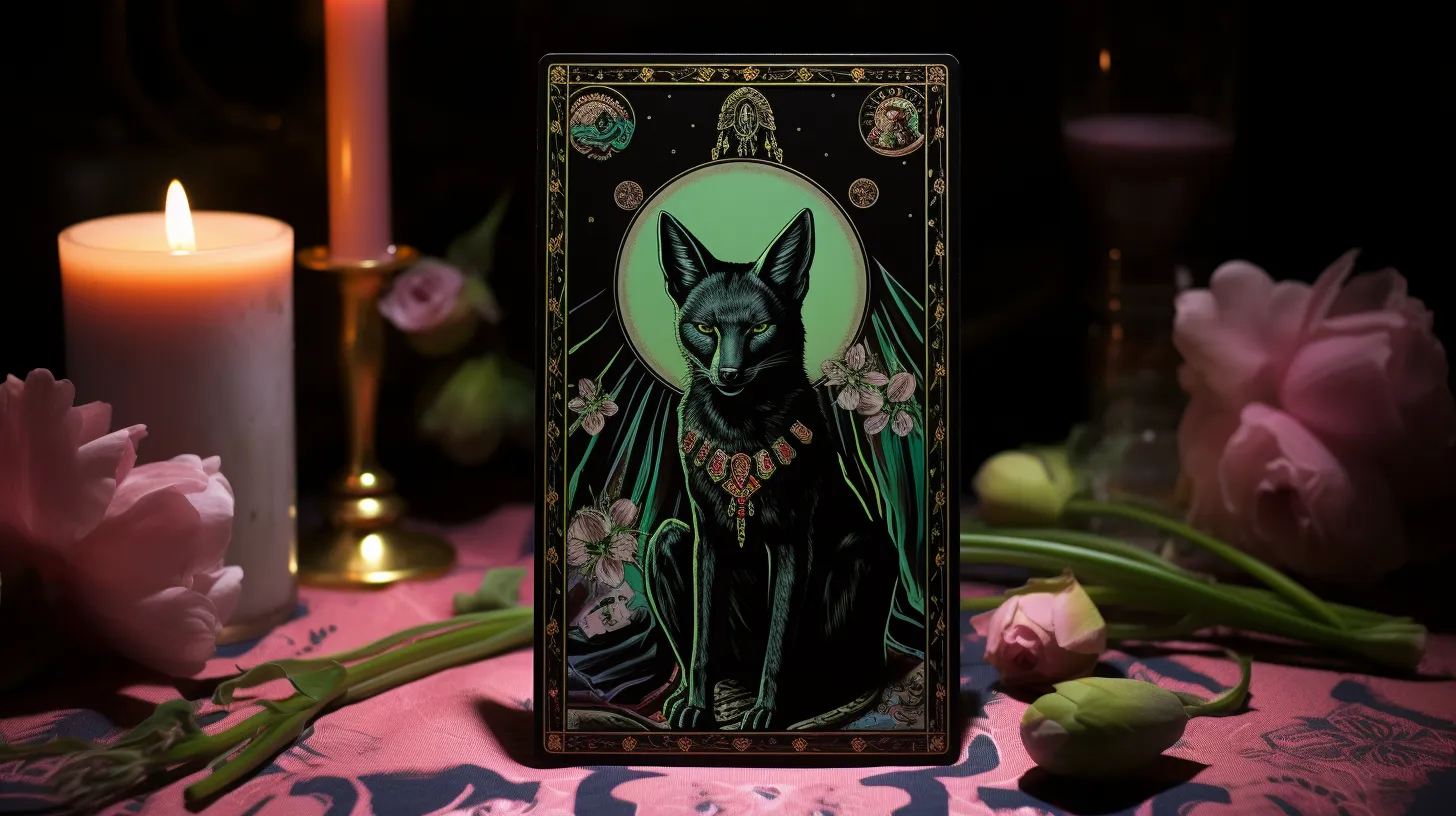 A tarot card with a dark jackal on it sits mysteriously on a pink cloth near candles and flowers.