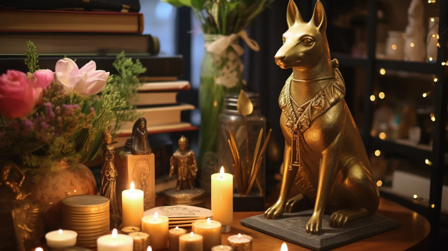 A golden statue of a jackal representing Anubis sits on a table covered in candles. There are books and flowers in the background.