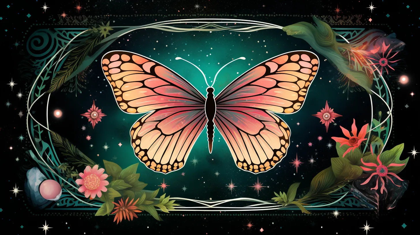 A Butterfly floats in space in front of the stars and flowers