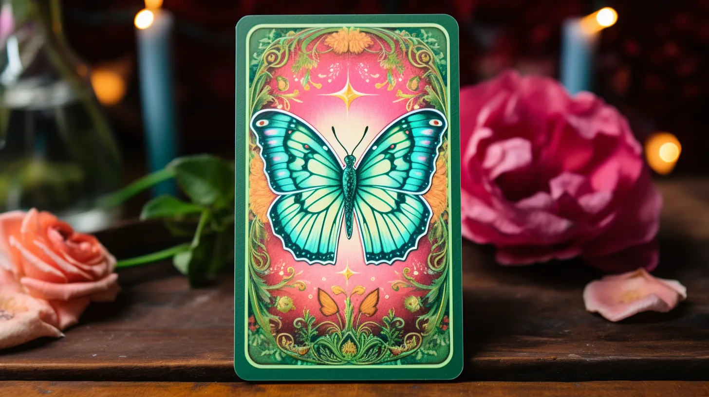 A tarot card of a butterfly sits on a table next to candles and pink flowers.