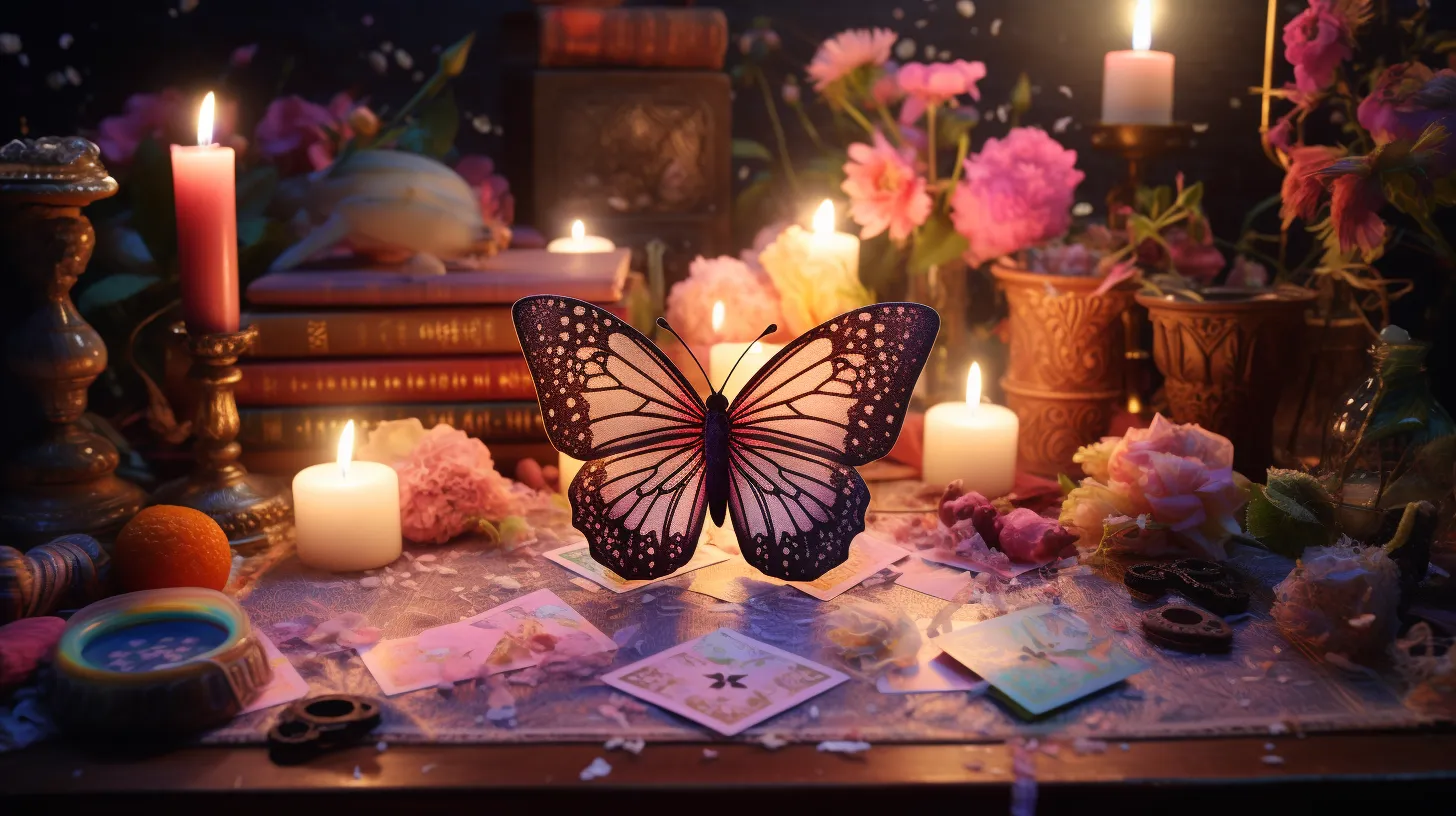 A butterfly floats over a table covered in pink flower petals and candles.