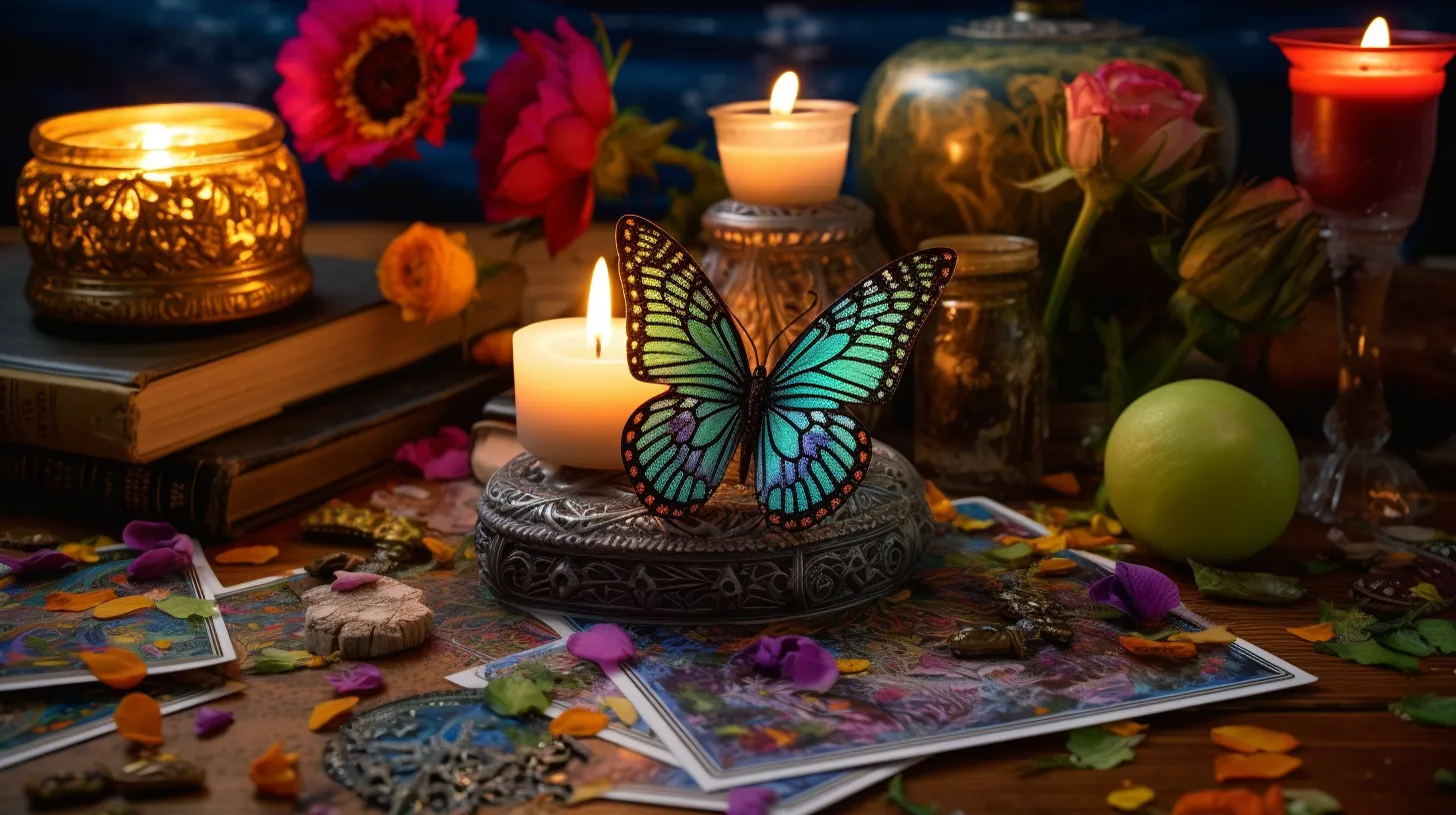 A blue butterfly floats over a mystical table covered in flower petals and candles.