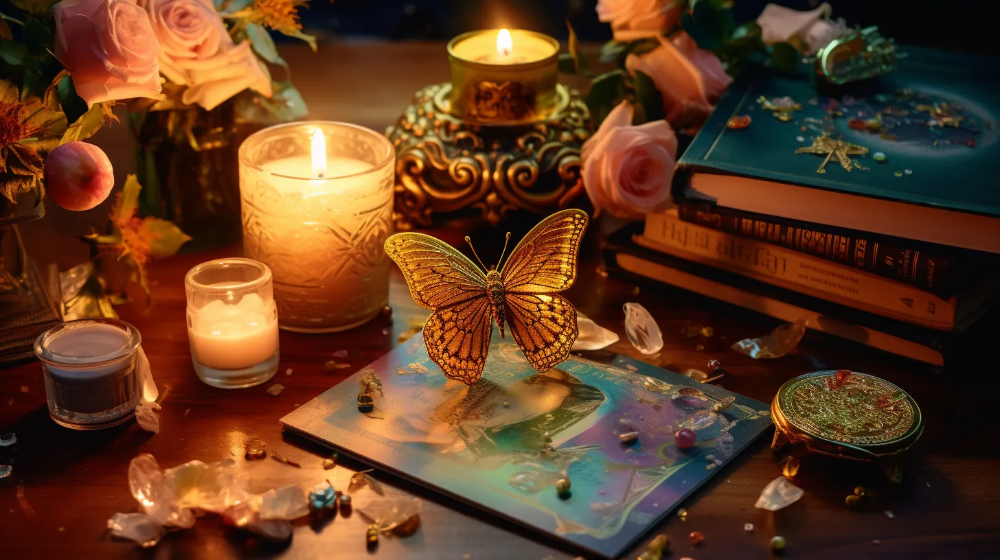 A golden butterfly glows in candlelight over a rainbow colored book on a table surrounded by flowers.