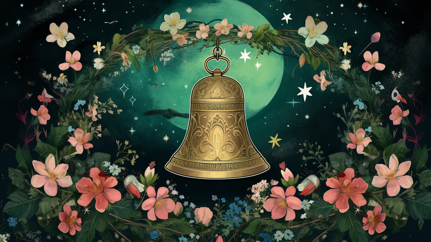 A Bell floats in front of the night sky surrounded by flowers and stars