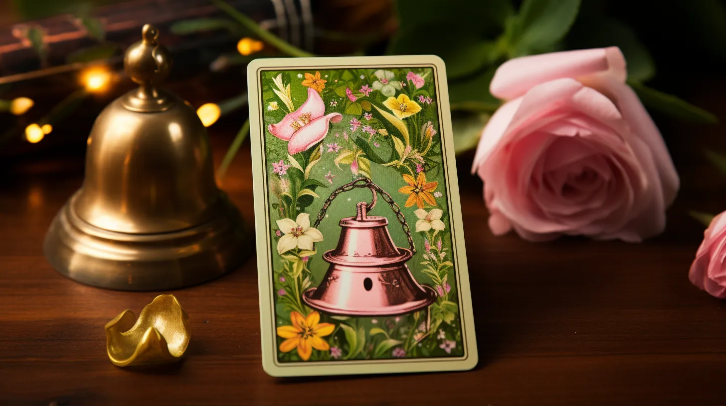 A tarot card with a silver bell on it sitting on a table in front of a real bell next to a pink flower.