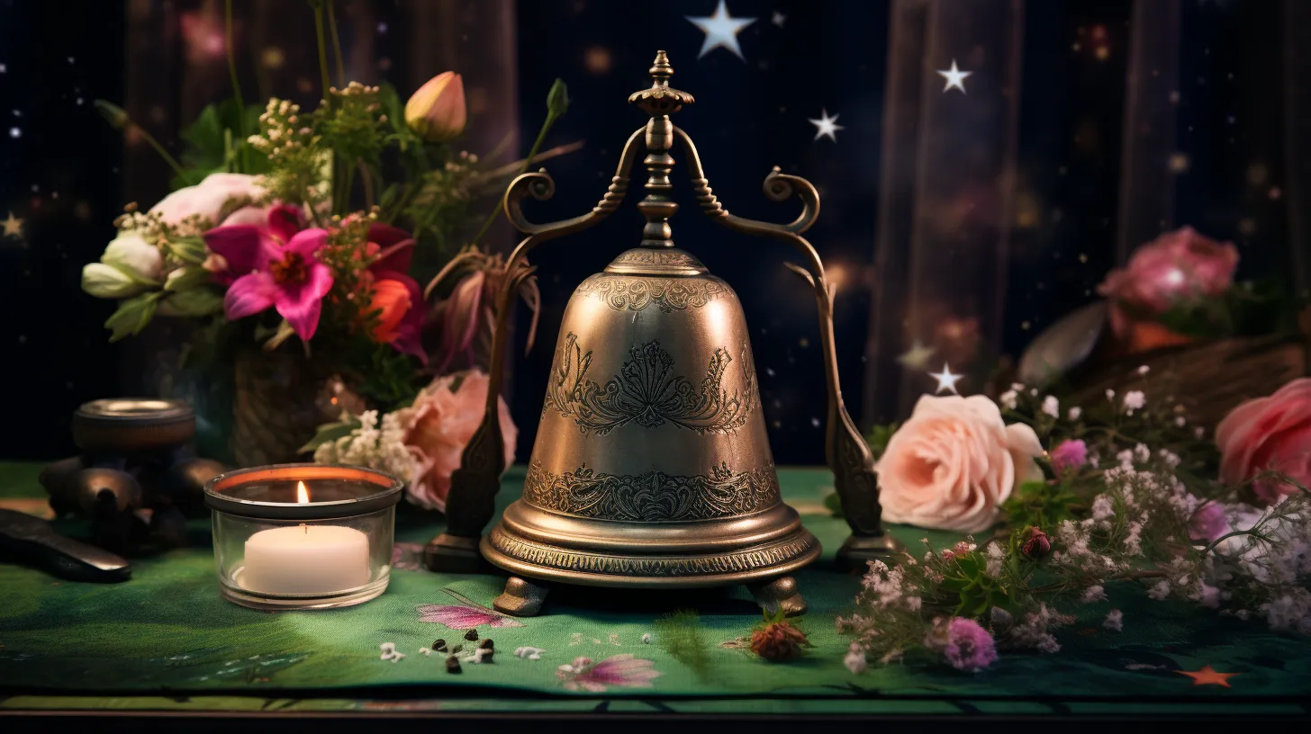 A bronze bell sits on a green mat surrounded by pink flowers and candles.