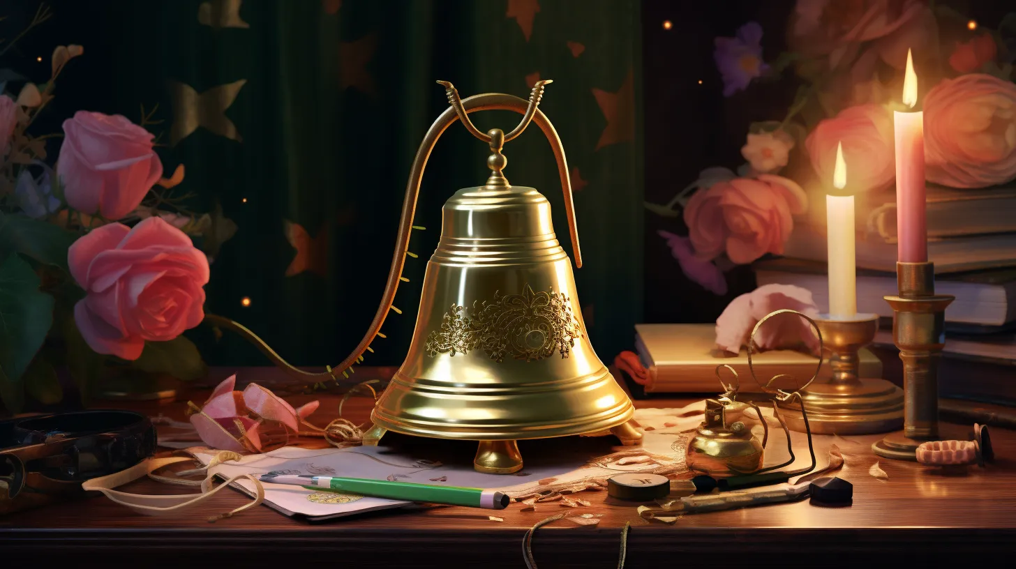 A golden bell sits on a desk near a green pen and pink flowers. There are also candles on the desk.