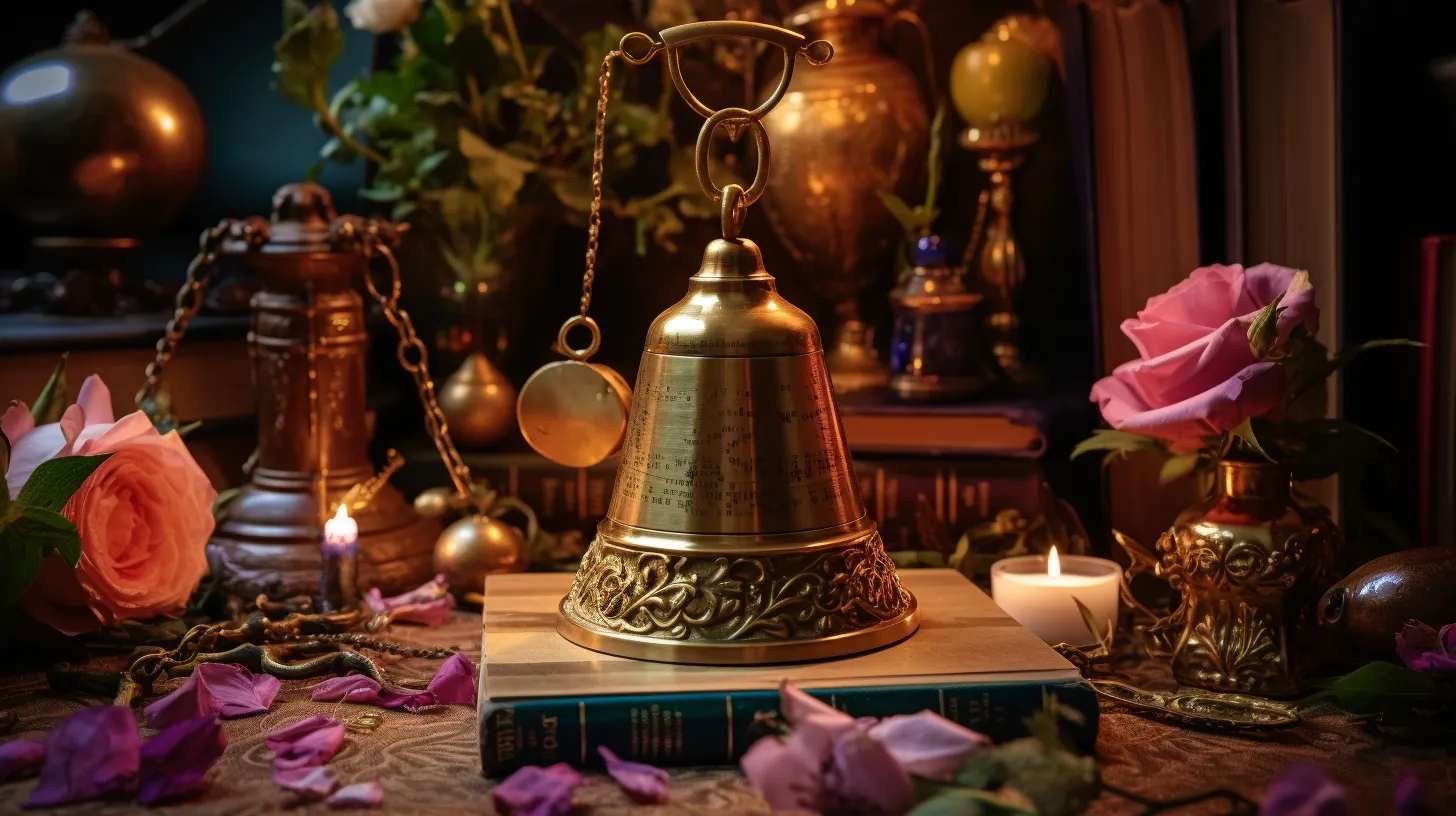 A golden bell sits on top of a book. There are gold ornaments all around it and a pink flower.