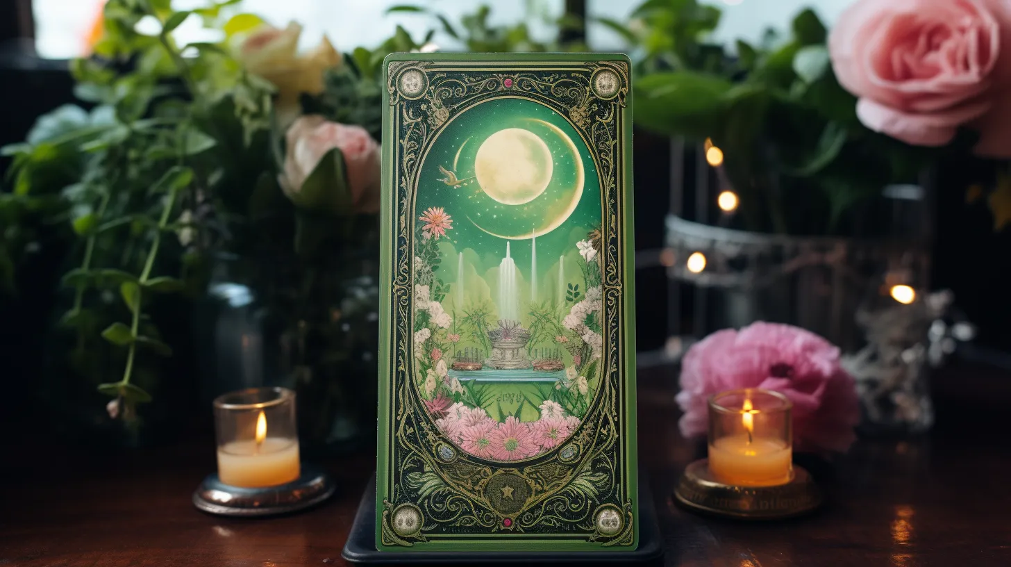 A tarot card of a mirror. It is on a table with flowers and candles.