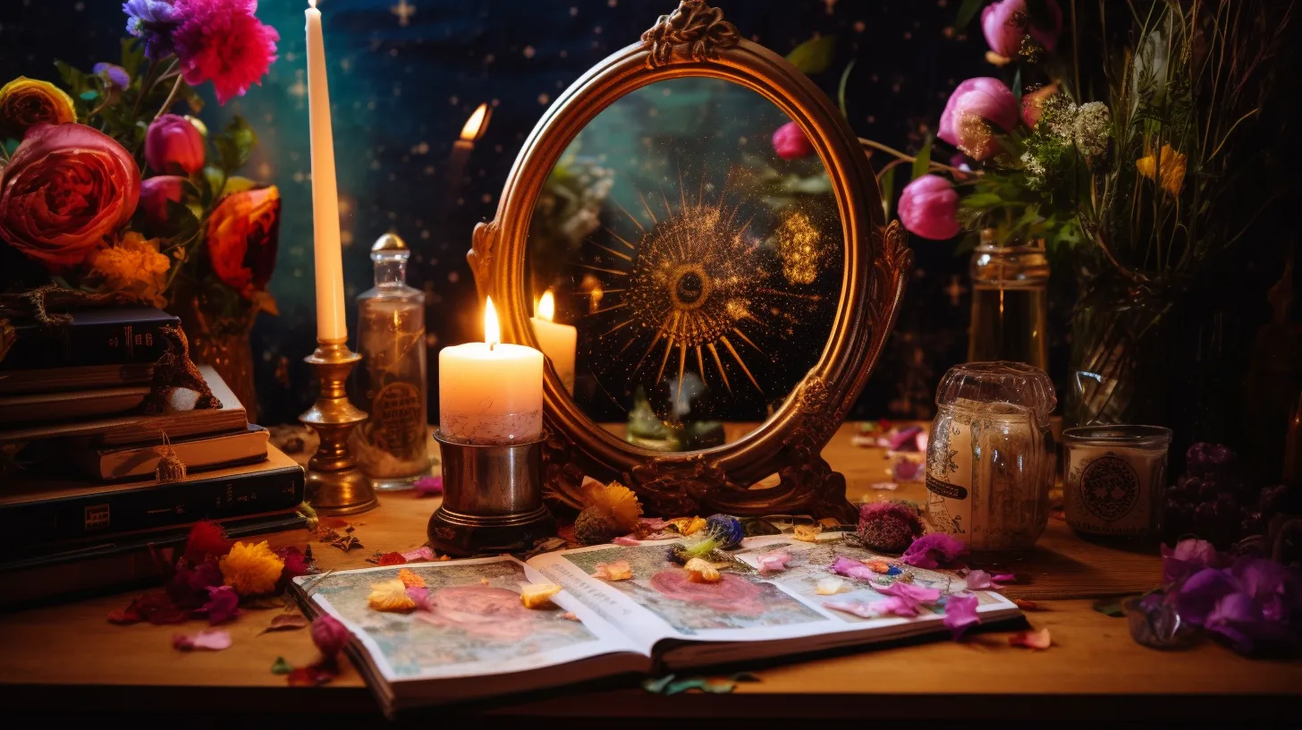 A golden mirror sits on a table. The table is covered in flower petals and candles.