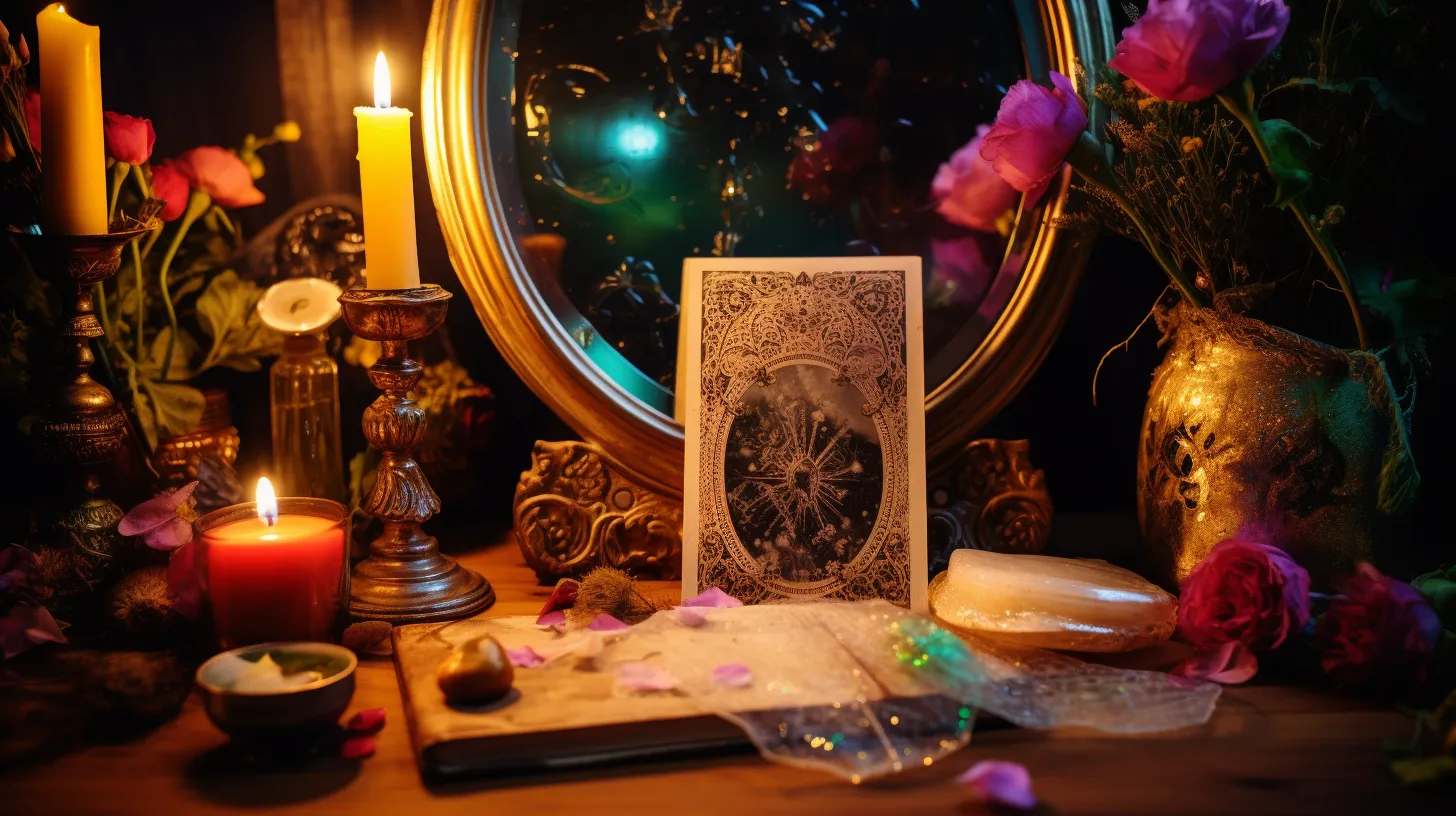 A large tarot card sits in front of a massive mirror. There are candles and pink flowers around it.