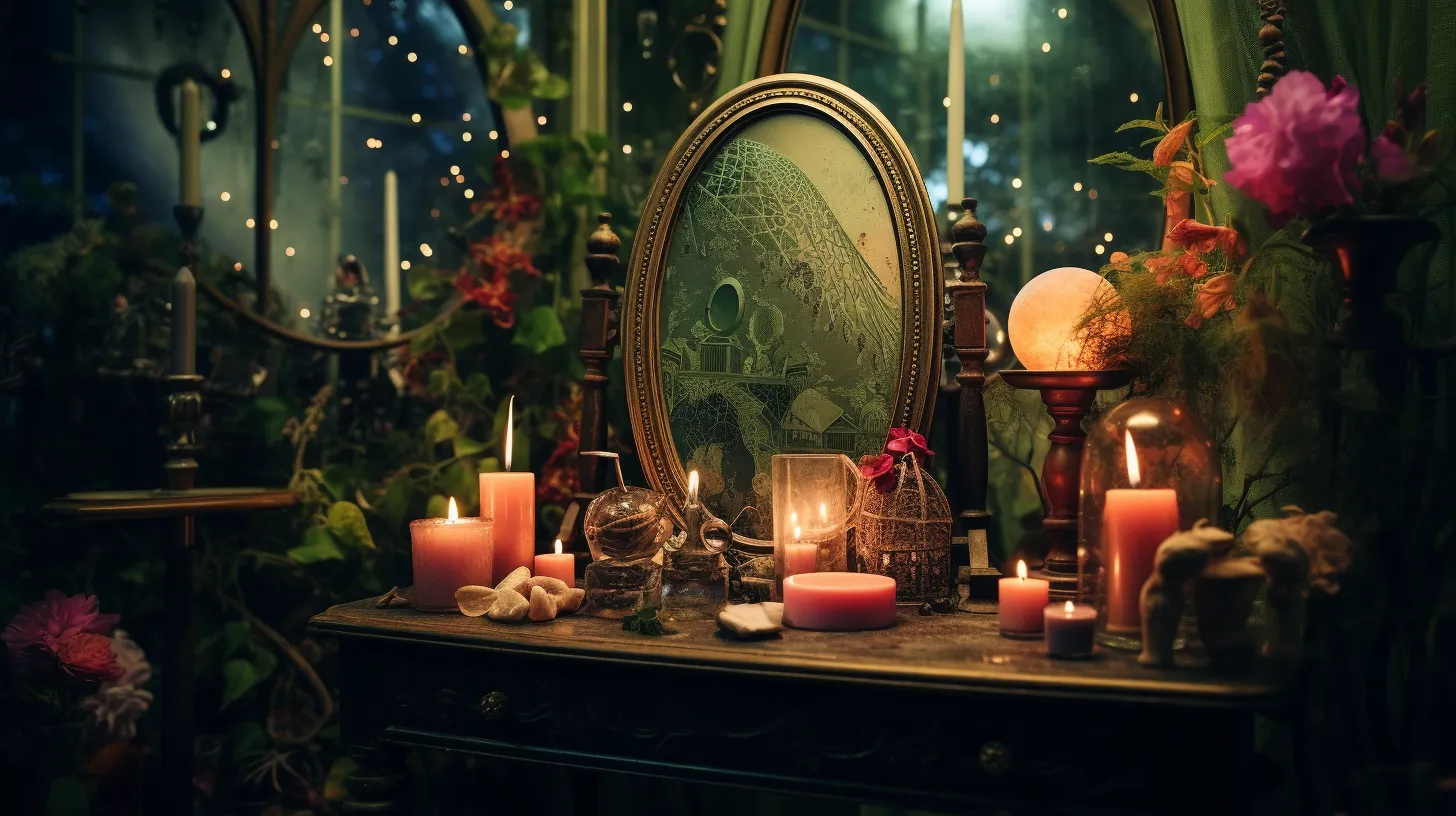 A mirror sits on a table that is very dusty and old. There are candles and pink flowers everywhere.