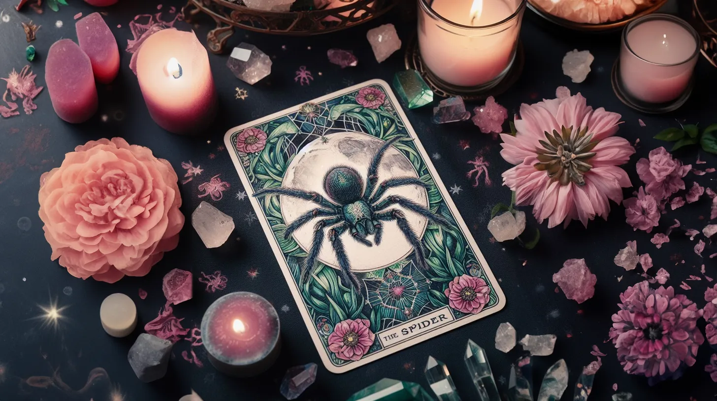 A tarot card of the Spider sits on a desk covered in mystical objects along with candles and pink flowers.