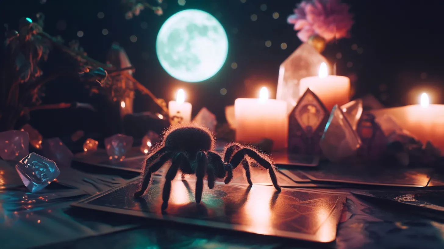 The silhouette of a hairy spider is outlined in front of a line of candles and is standing on tarot cards near crystals in front of the moon.