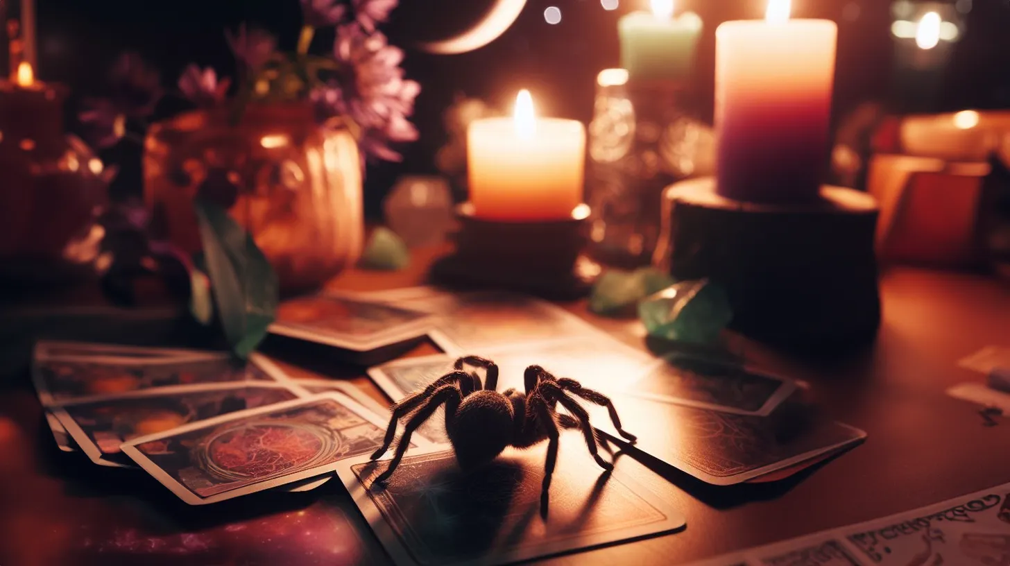 A spider stands on top of tarot cards facing towards candles and crystals.