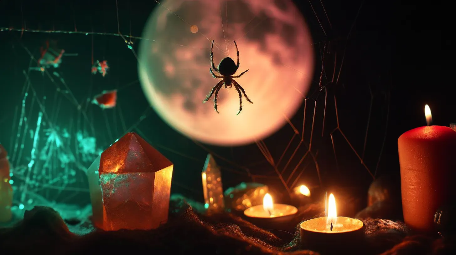A spider in a web is in front of the moon. There are candles and crystals under it.