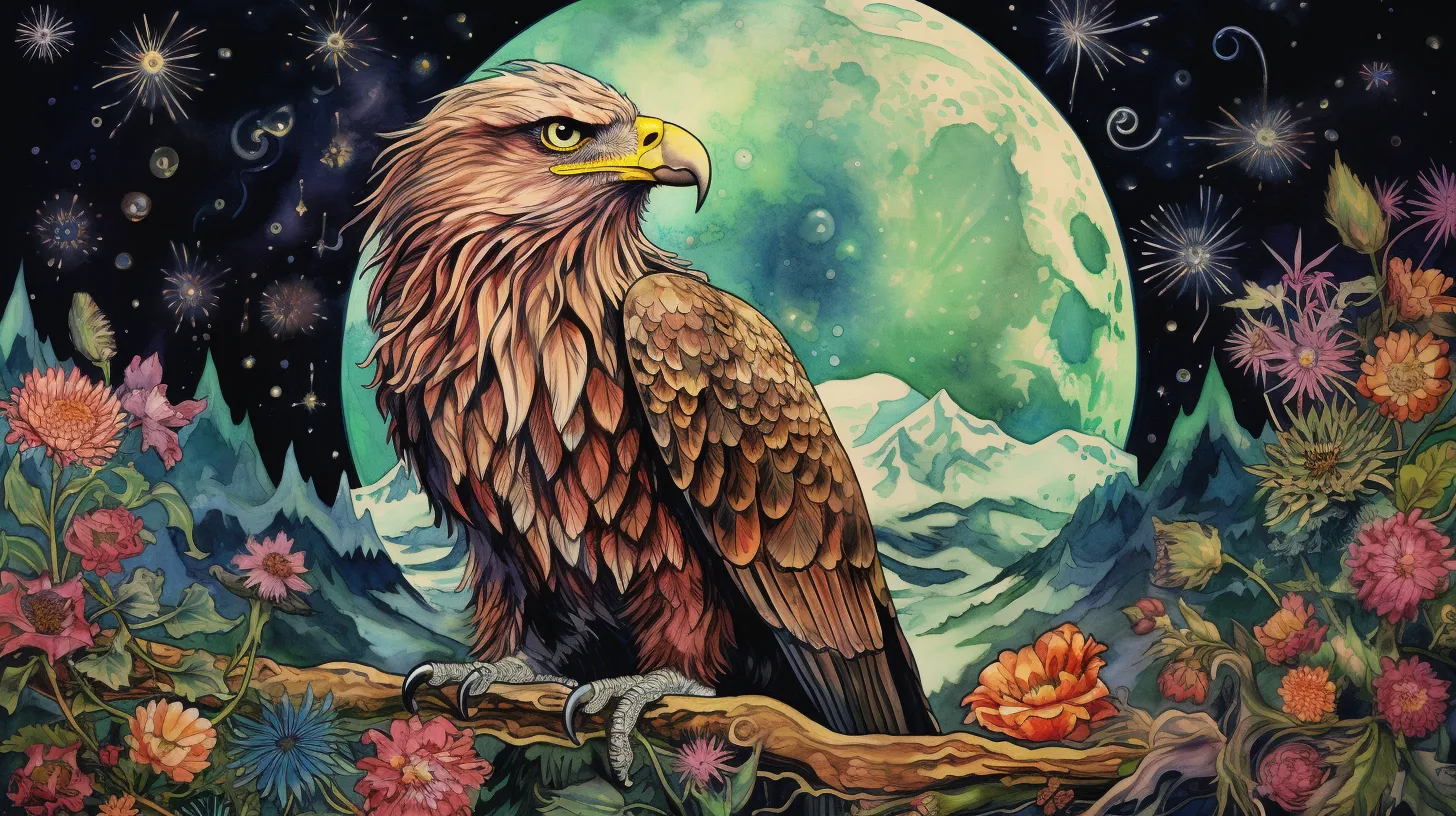 An eagle is perched in front of mountains and the moon surrounded by flowers