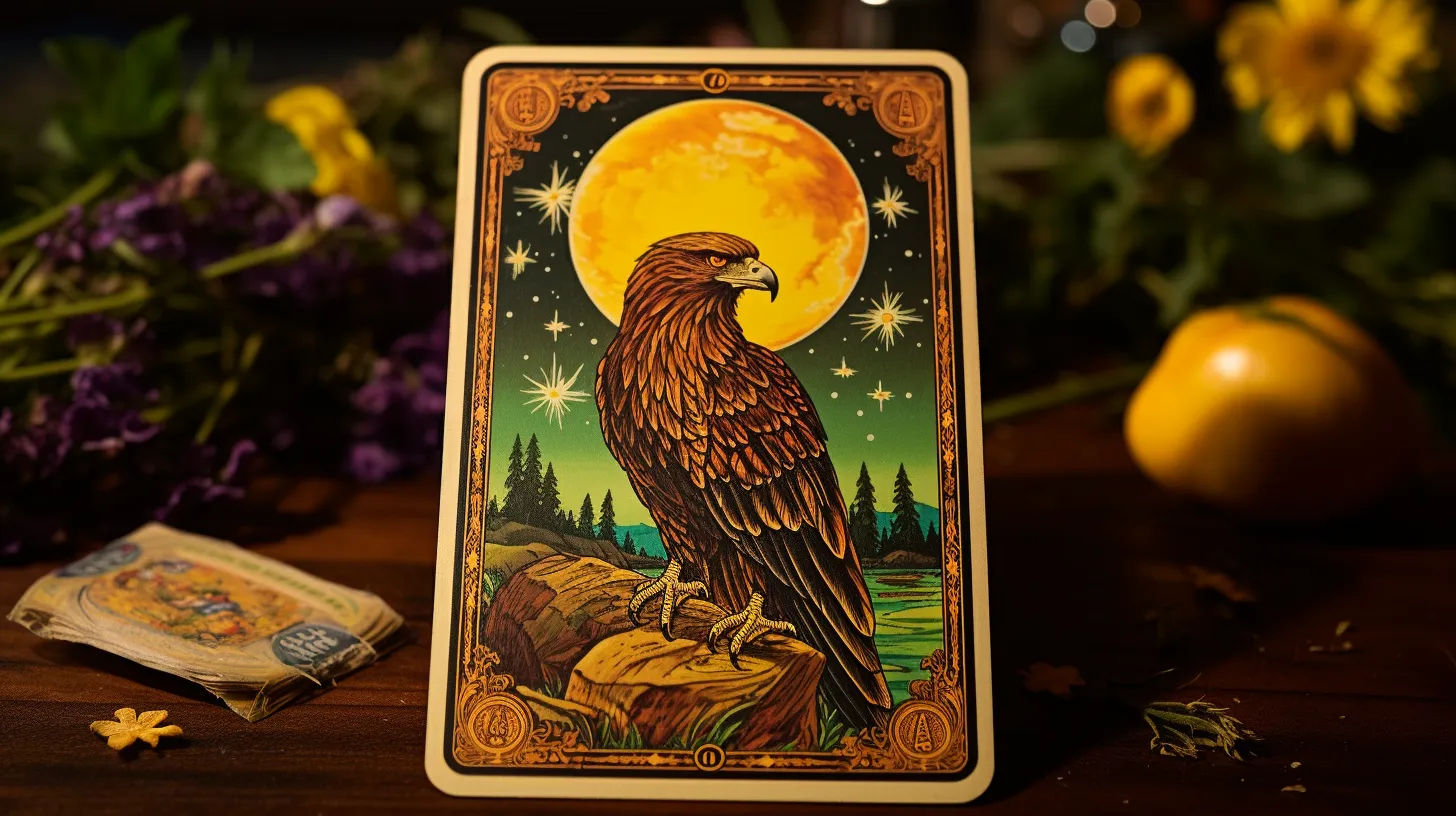 A tarot card of an eagle sits on a desk with purple and yellow flowers in the background.