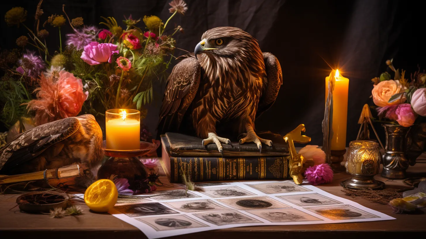 A golden eagle stands on a book that is laying on a desk covered in candles and pink flowers.