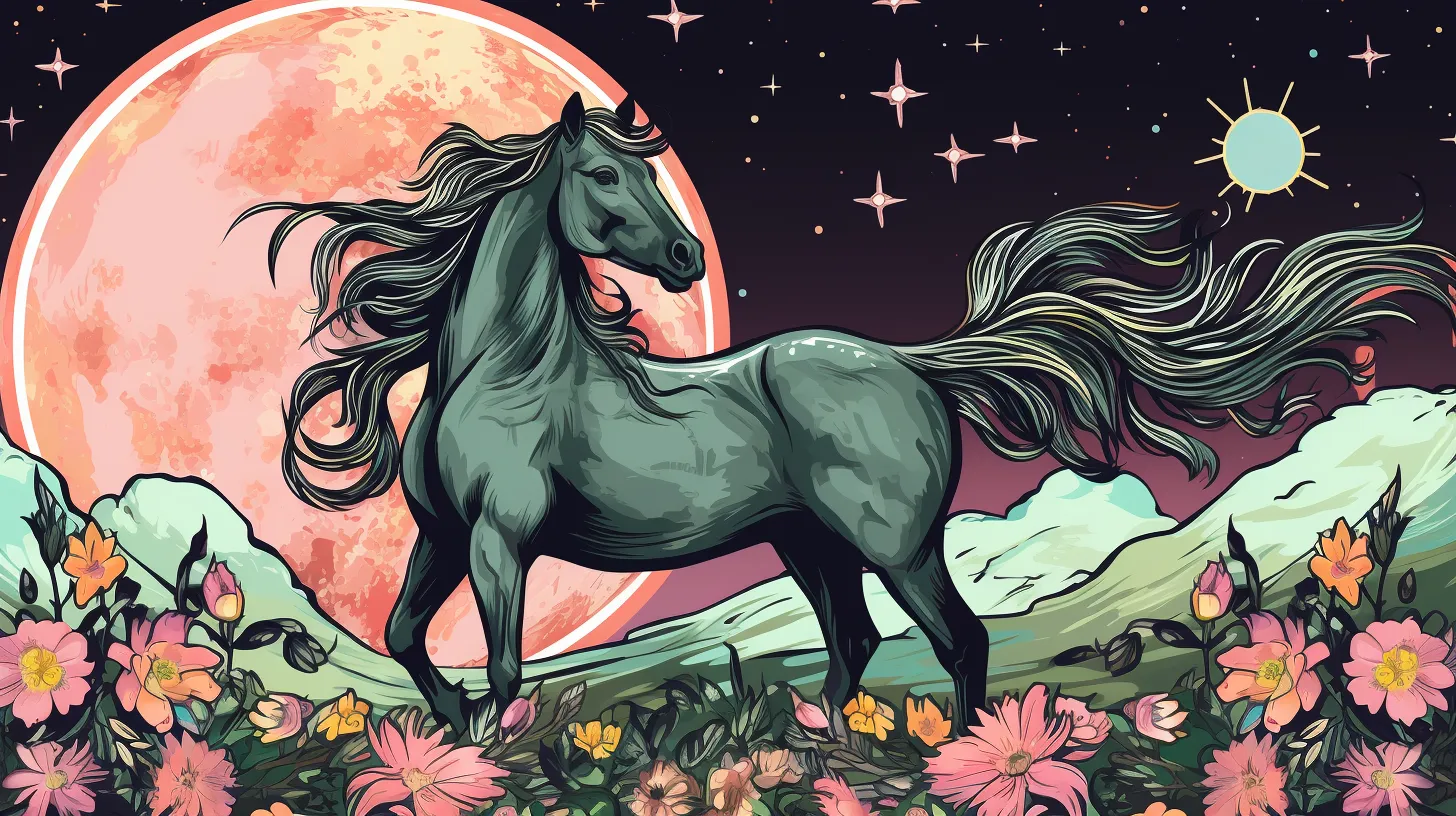 A black horse is in a field of flowers in front of the stars and moon