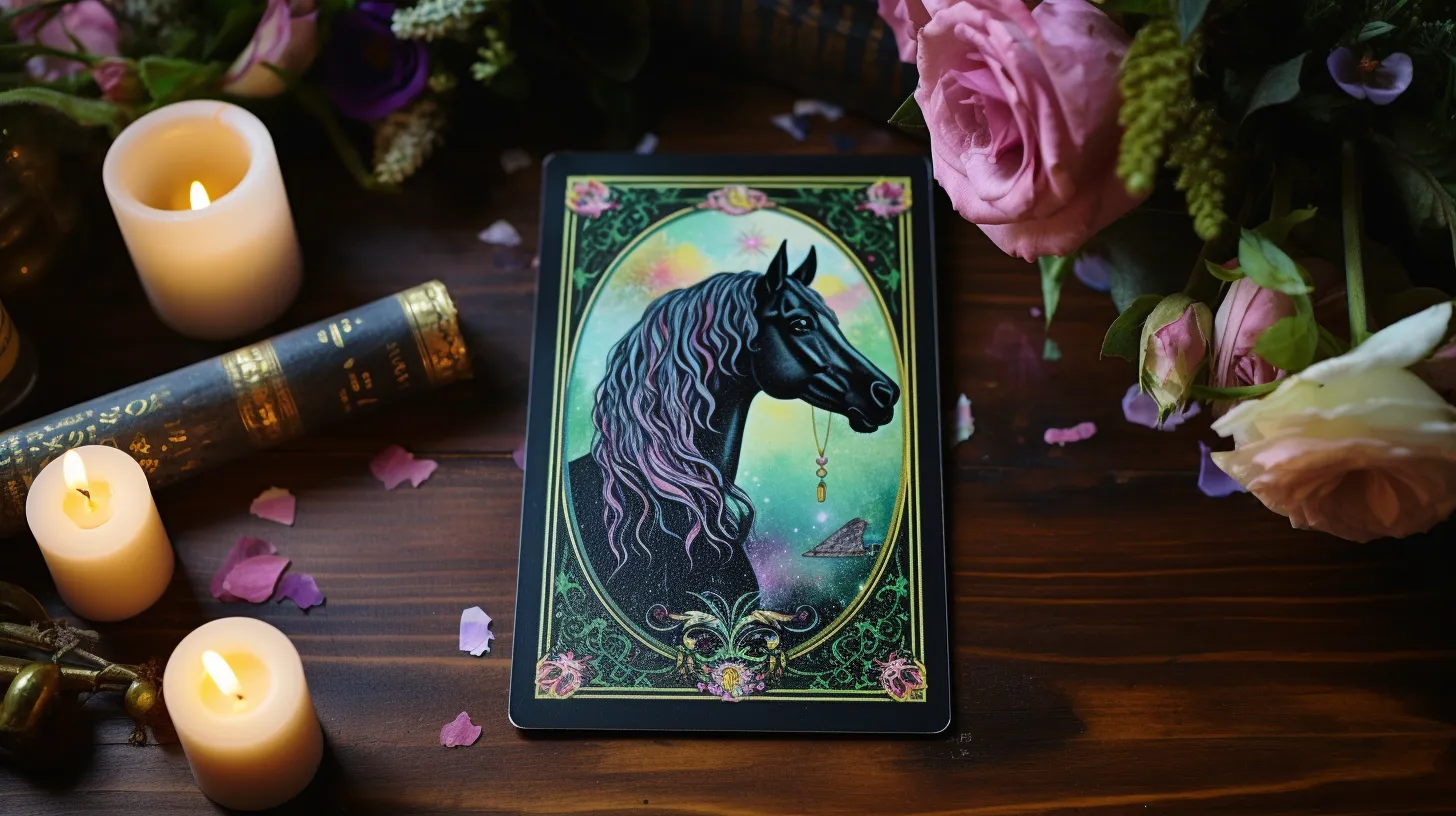 A tarot card of a black horse sits on a desk. It has a green background and there are pink flowers near it.