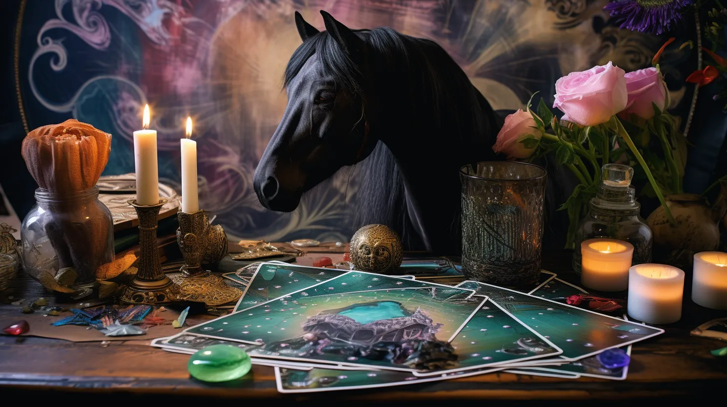 A black horse stands behind a desk that is covered in mystical objects such as golden orbs and candles.