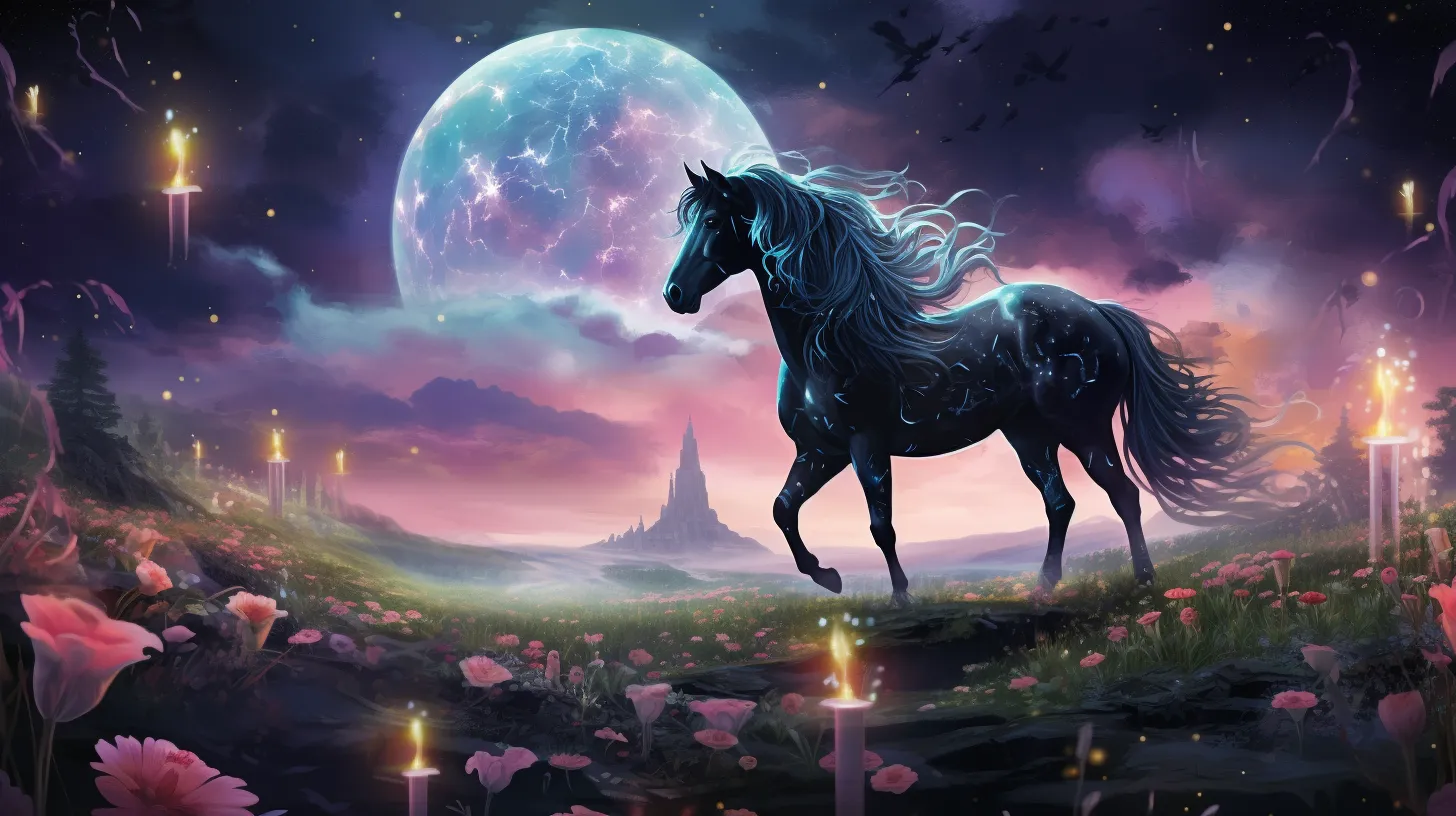 A mystic black horse with silver hair runs through a field of pink flowers and candles in front of the moon and a castle is in the background.