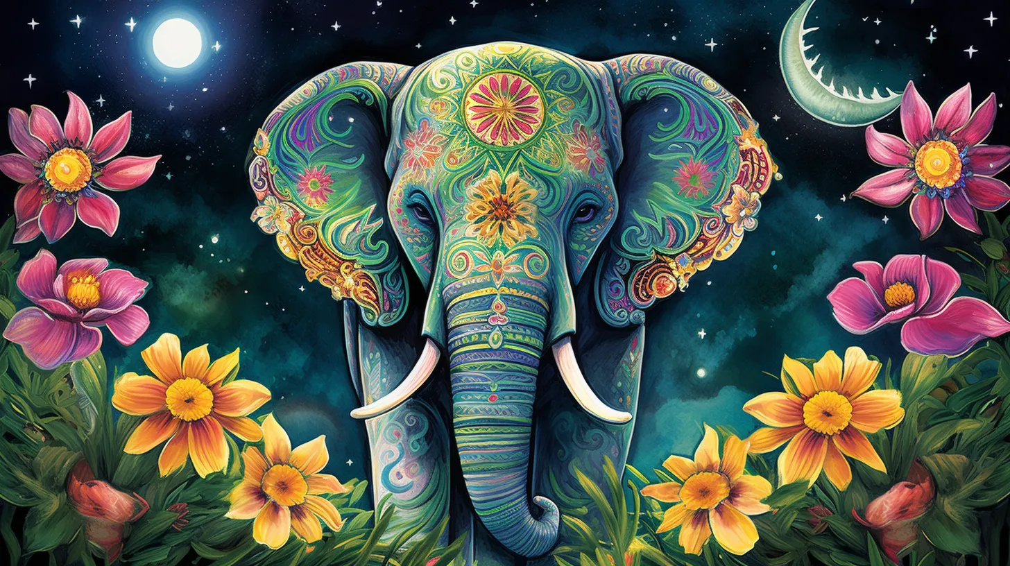 A mystical elephant covered in markings stands in a field of flowers in front of the moon and stars