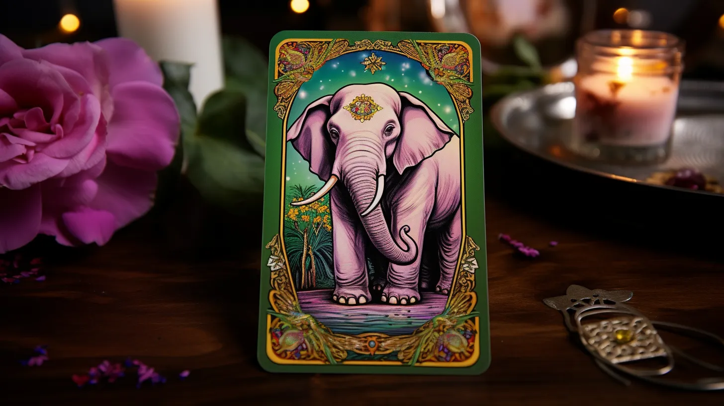 A tarot card of an elephant with a gold insignia on it's head sits on a table near a pink flower and a candle.