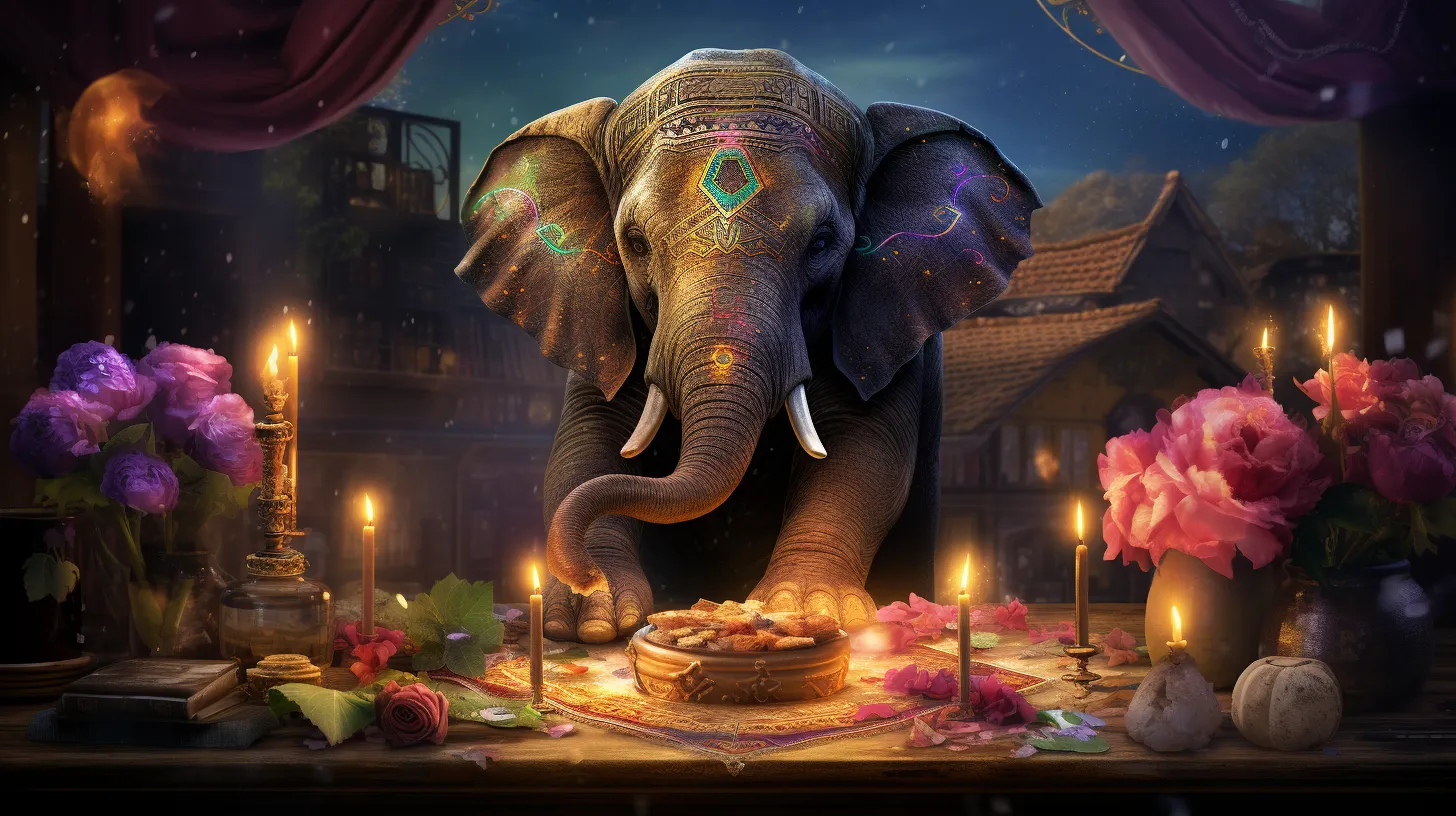 A mystical elephant covered in runes of all colors puts it's feet on a table covered in flowers and candles.