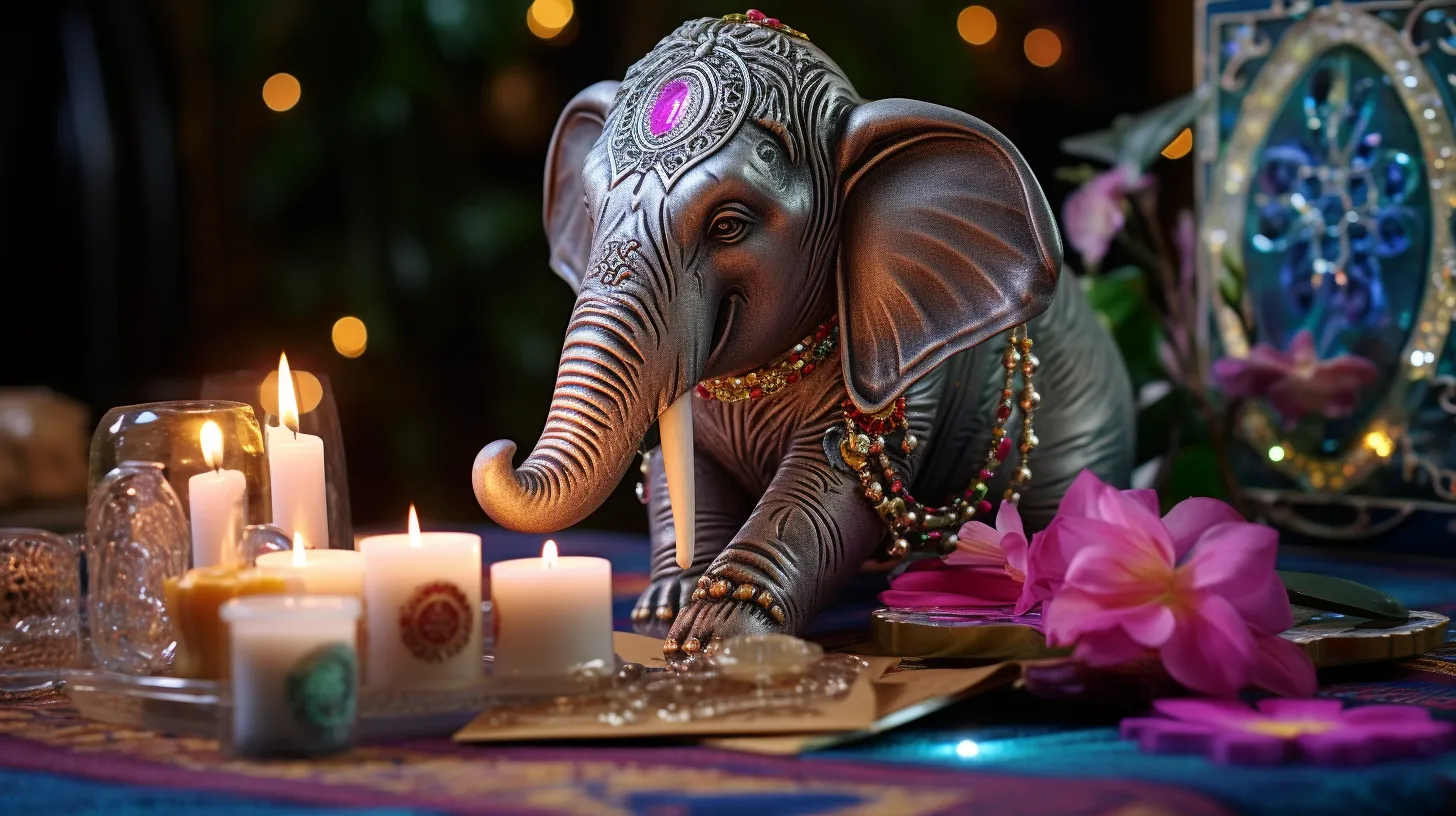 A statue made of silver of an elephant is adorned in jewels and is placed in front of tiny candles and flower petals.
