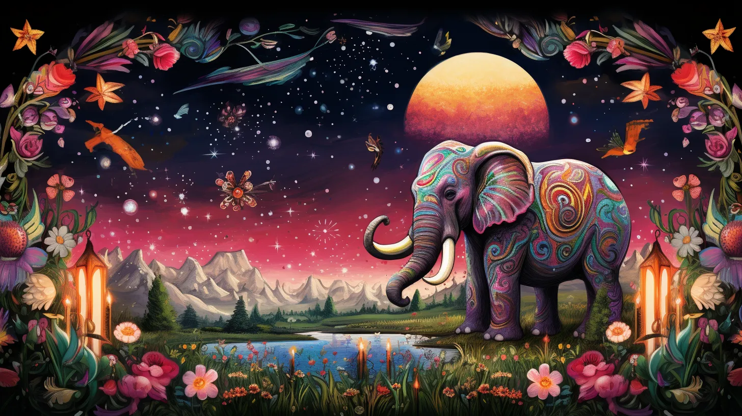An elephant made up of swirls of colors stands in front of a lake surrounded by flowers in a mystical setting.
