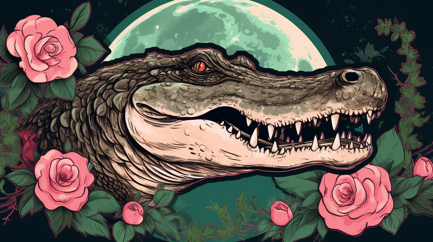 A crocodile's head peaks out from some flowers in front of the moon very menacingly. 