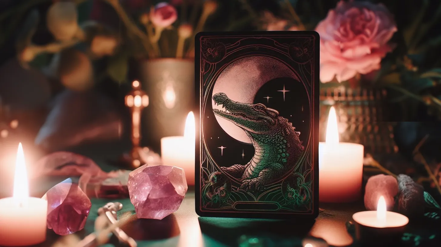 A tarot of a crocodile in front of the moon sits on a table covered in candles and pink crystals.