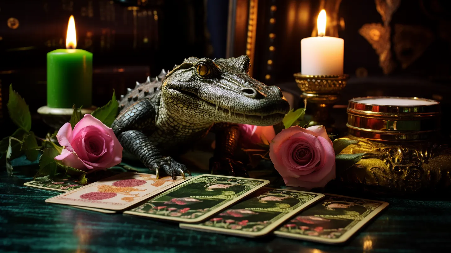 A crocodile is sitting on the marble floor on top of tarot cards and there are pink flowers and candles around it.