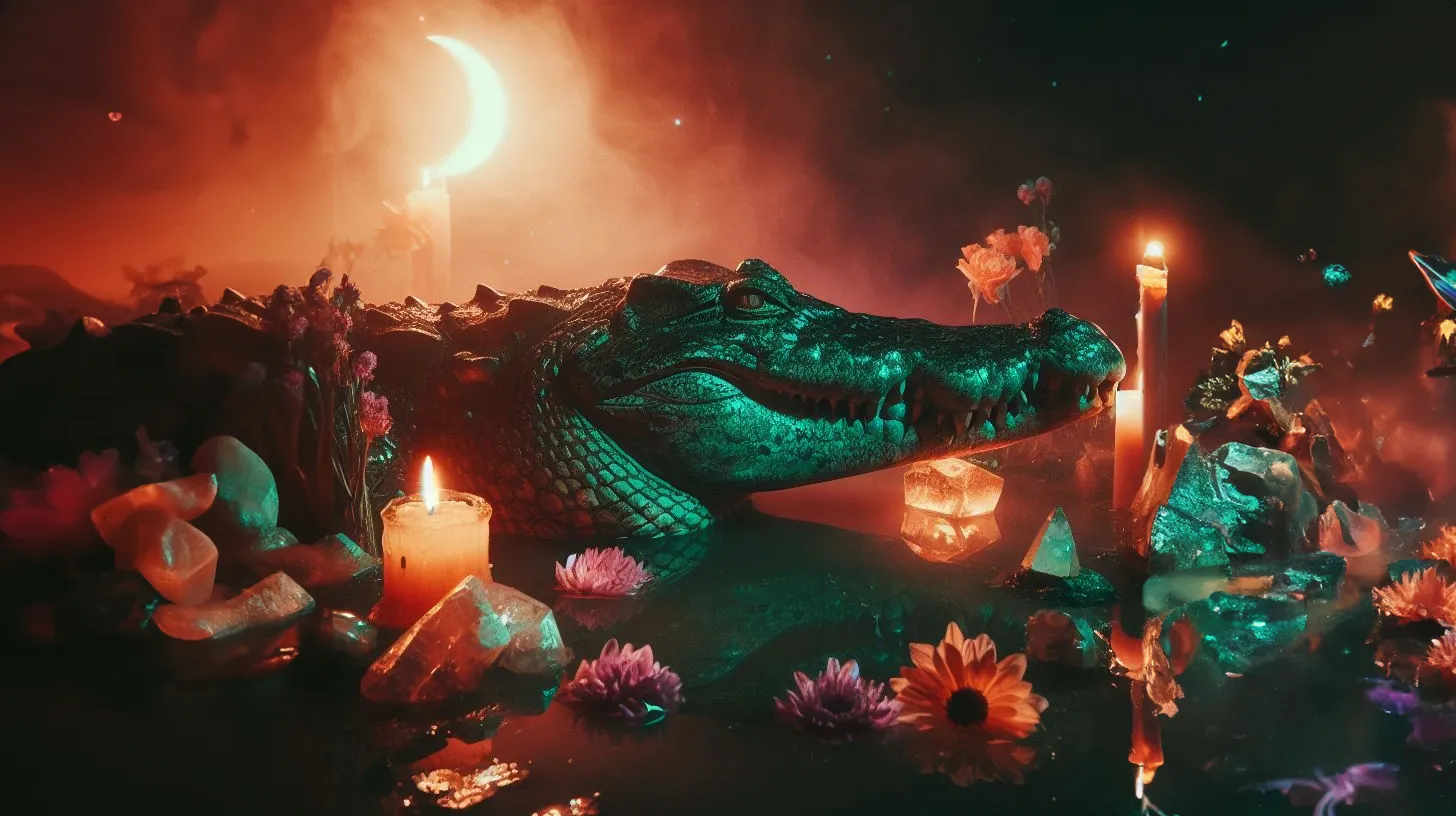 A crocodile is poking out of the swamp under a crescent moon. There are crystals, flowers, and candles sticking out of the water.