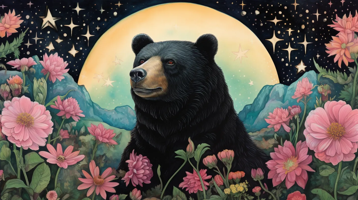 A bear sits and ponders in a field of flowers in front of the moonflowers