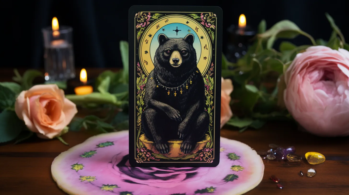 A tarot card of a black bear sits on a mystical desk. There are flowers and crystals near it.