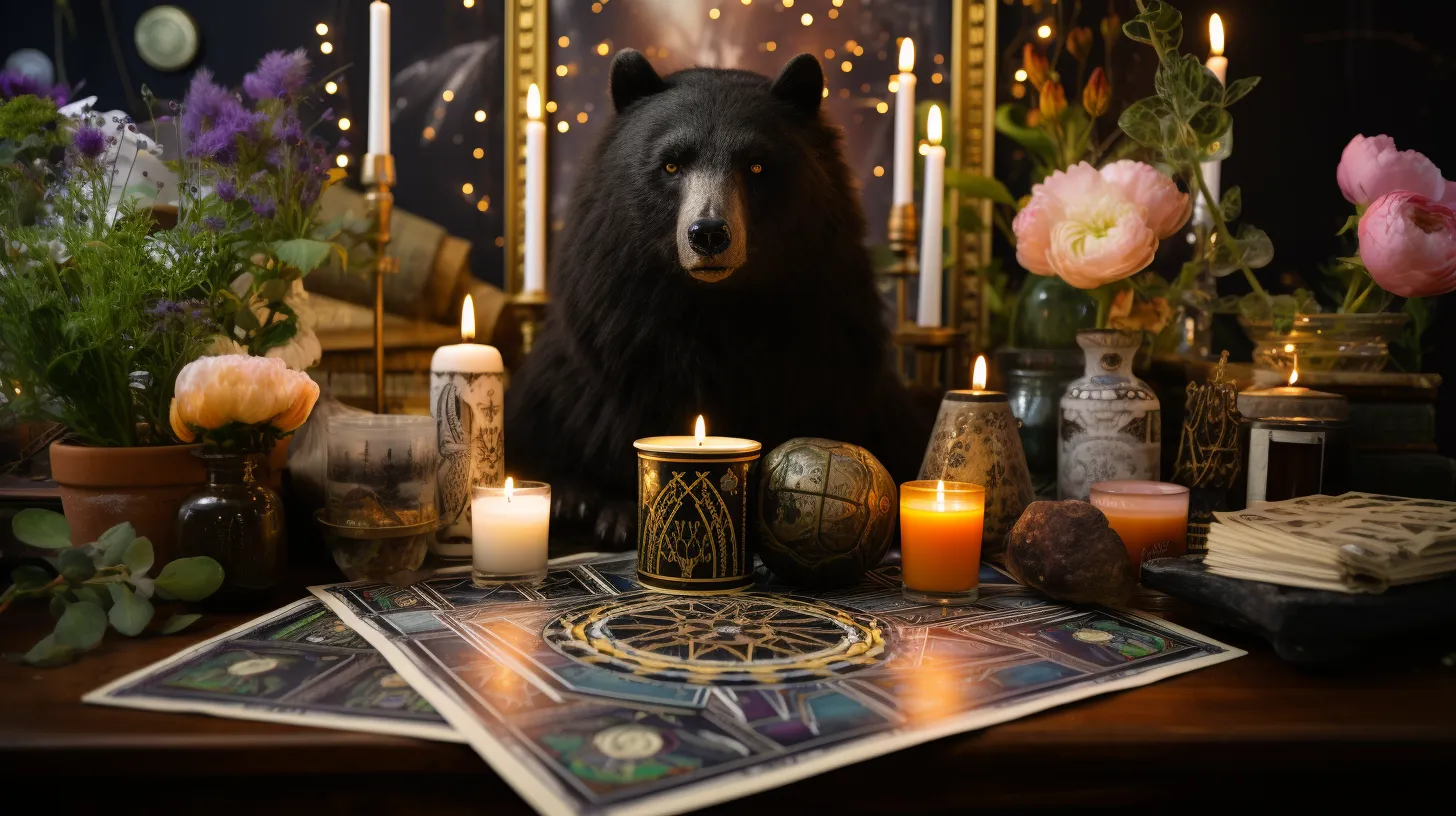 A black bear sits behind a mystical desk covered in black and gold candles. There are pink flowers near it.