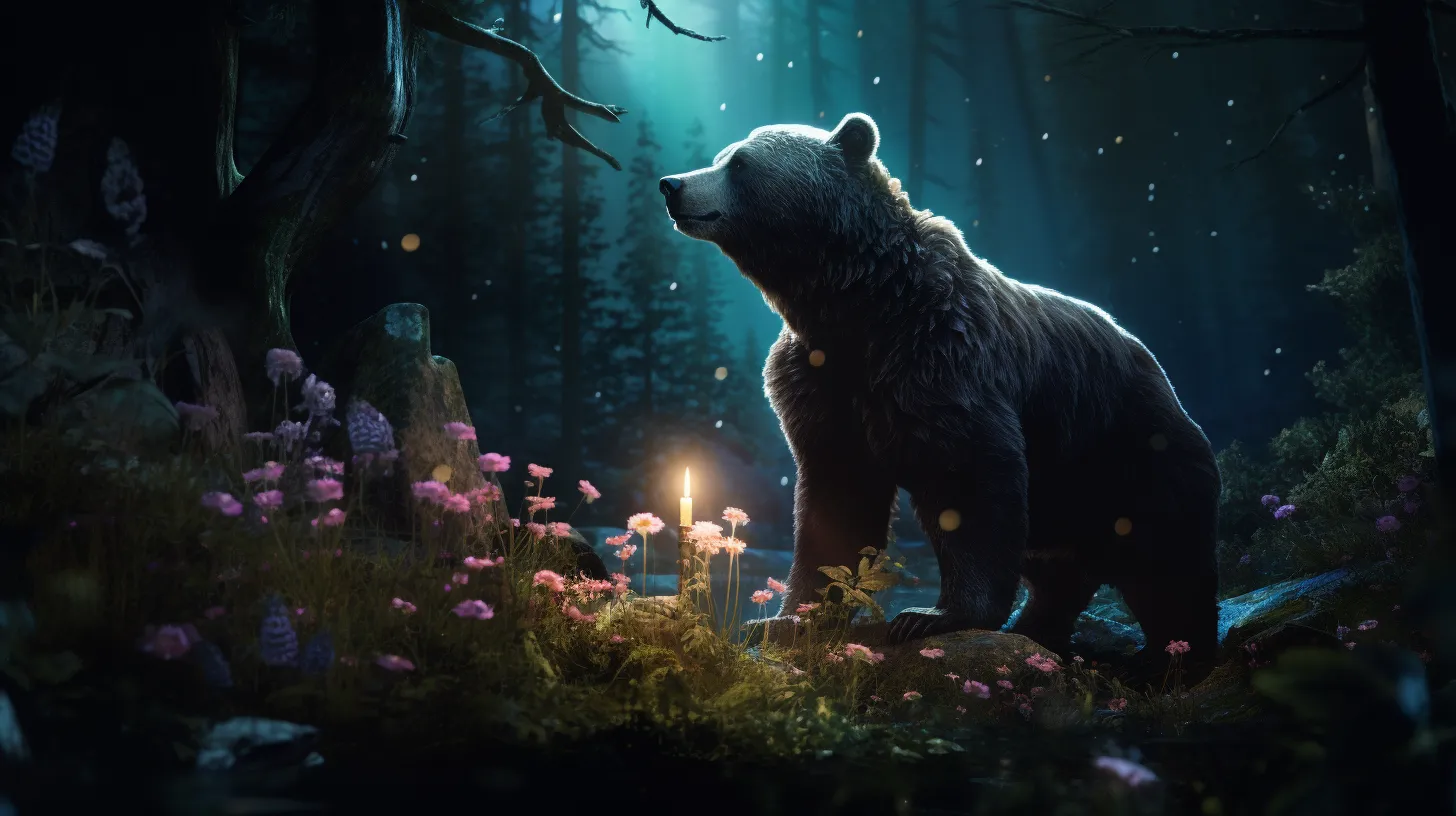 A bear in the wild at night time looks into the distance. It is in a field of flowers and candles.