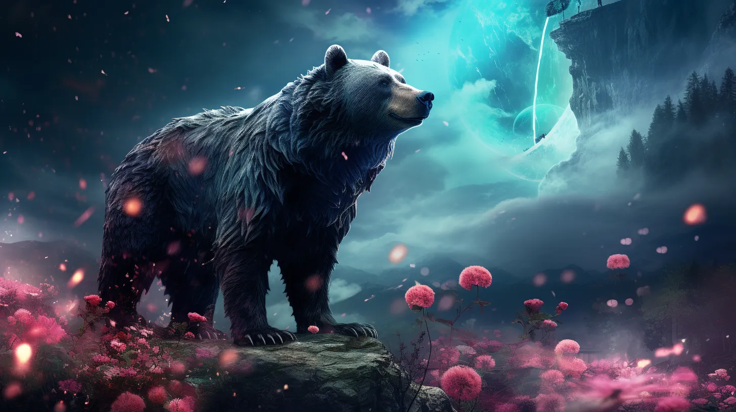 A mystical bear stands in a field of pink flowers in front of a cliff face and a blue moon.