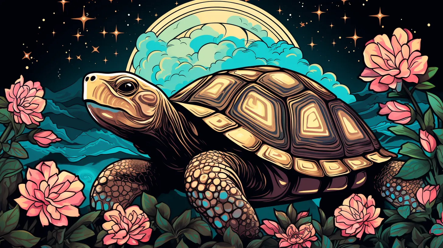 A golden turtle sits in a field of flowers by the sea in front of the moon