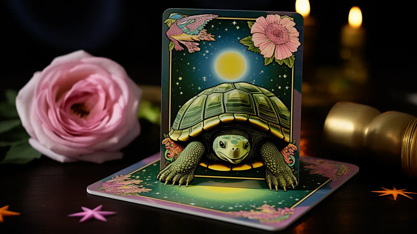 A tarot card of a tortoise sits on a desk next to a pink flower and a gold object.