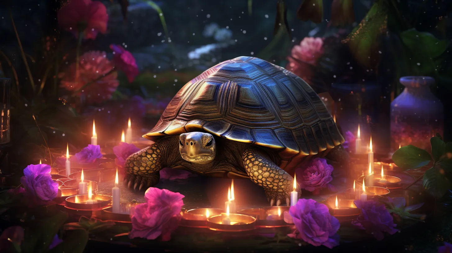 A tortoise is surrounded by candles outside in a pond with pink flowers.