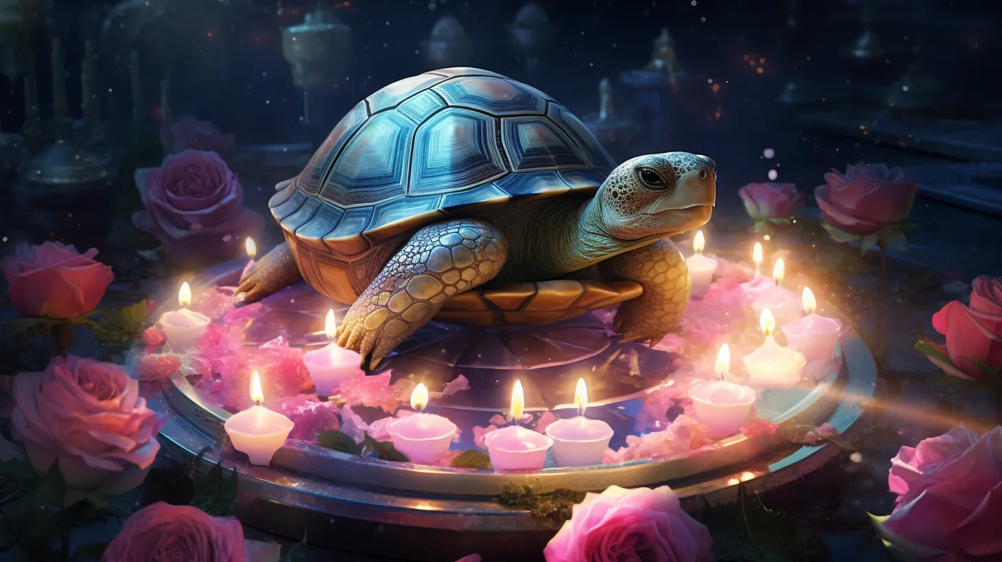 A tortoise is surrounded by candles outside in a pond with pink flowers.