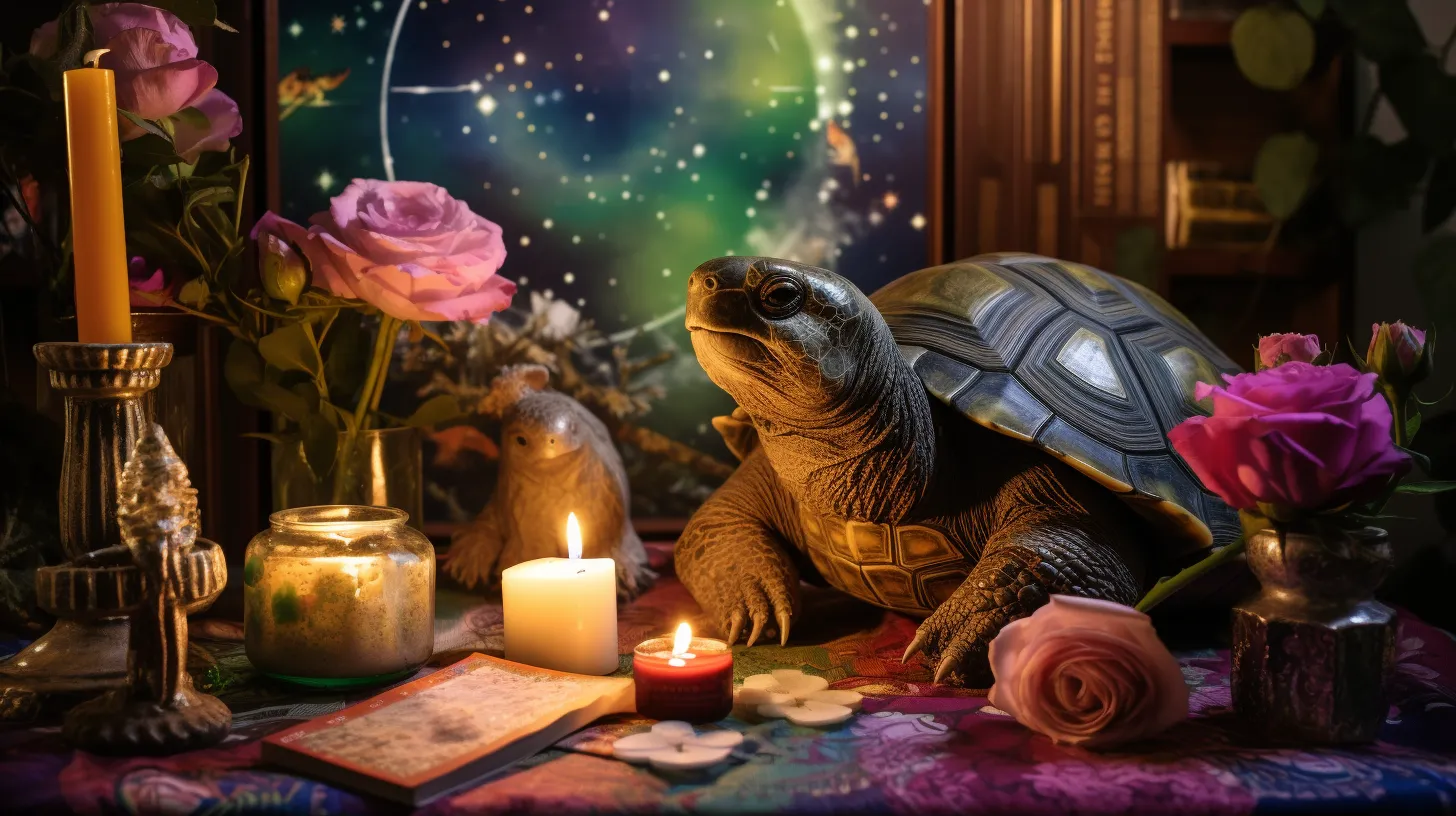 A tortoise is posed on a mat surrounded by candles, flowers, and books.