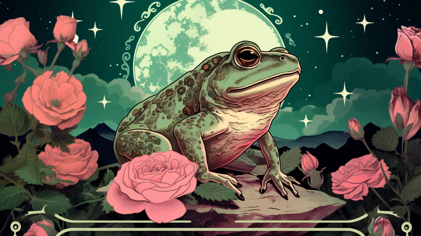A toad sits on a rock in front of the moon surrounded by flowers