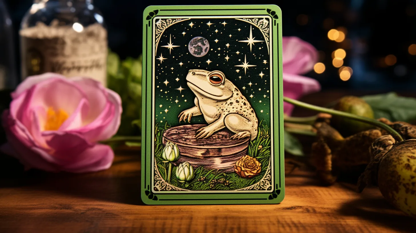 A tarot card of a toad sits on a desk next to a pink flower.
