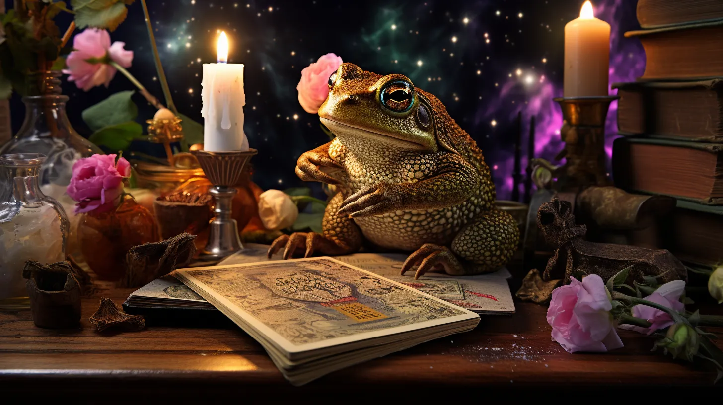 A toad sits on a copy of two magazines next to a lit candle near pink flowers.t 